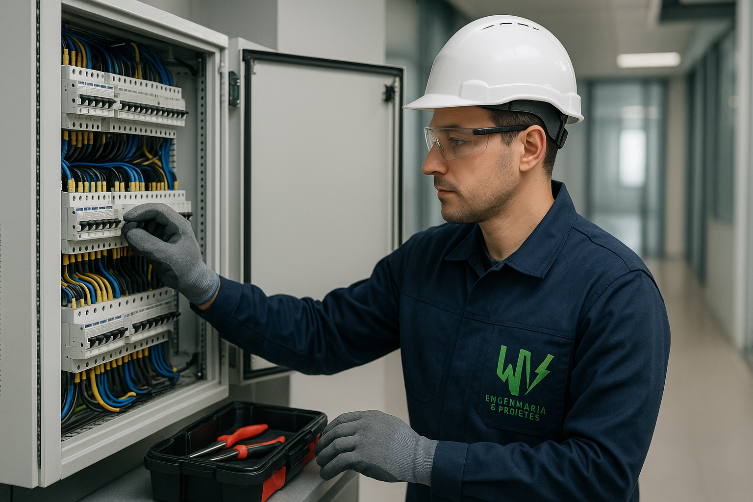 Eletricista uniformizado da WV Engenharia e Projetos executando instalação elétrica em ambiente comercial.