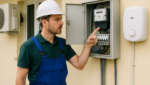 Eletricista analisando o padrão de entrada para aumento de carga elétrica em residência com ar-condicionado e chuveiro potente