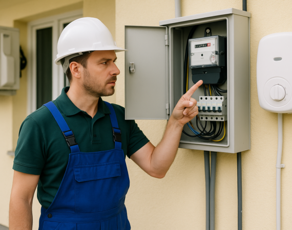 Eletricista analisando o padrão de entrada para aumento de carga elétrica em residência com ar-condicionado e chuveiro potente