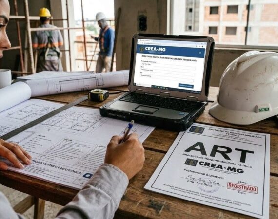 Engenheiro eletricista analisando projeto e emitindo ART para obra ou reforma exigida por condomínio