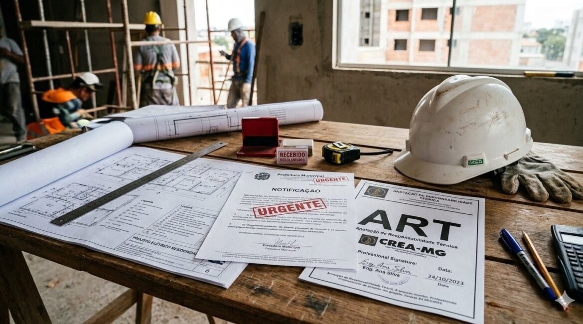 Engenheiro analisando notificação do CREA e documentação técnica para regularização de obra com emissão de ART