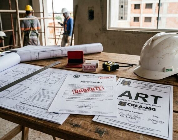 Engenheiro analisando notificação do CREA e documentação técnica para regularização de obra com emissão de ART